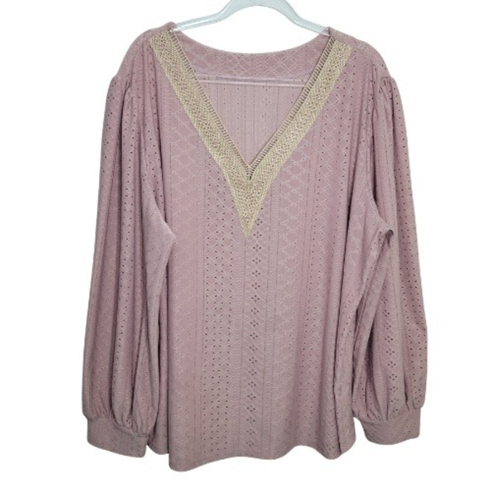 Womens Plus Size 4X Dusty Rose Eyelet Knit V-Neck Lace Trim Puff Sleeve Boho Top
